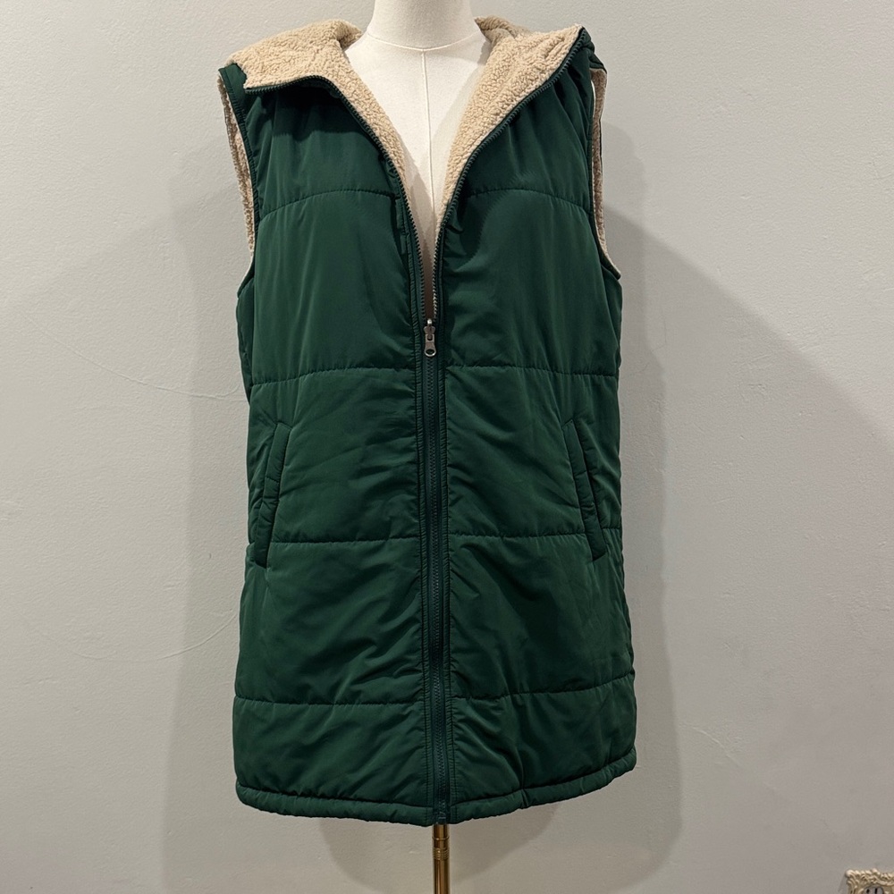 Women's Forest Green Hooded Puffer Vest with Sherpa Lining